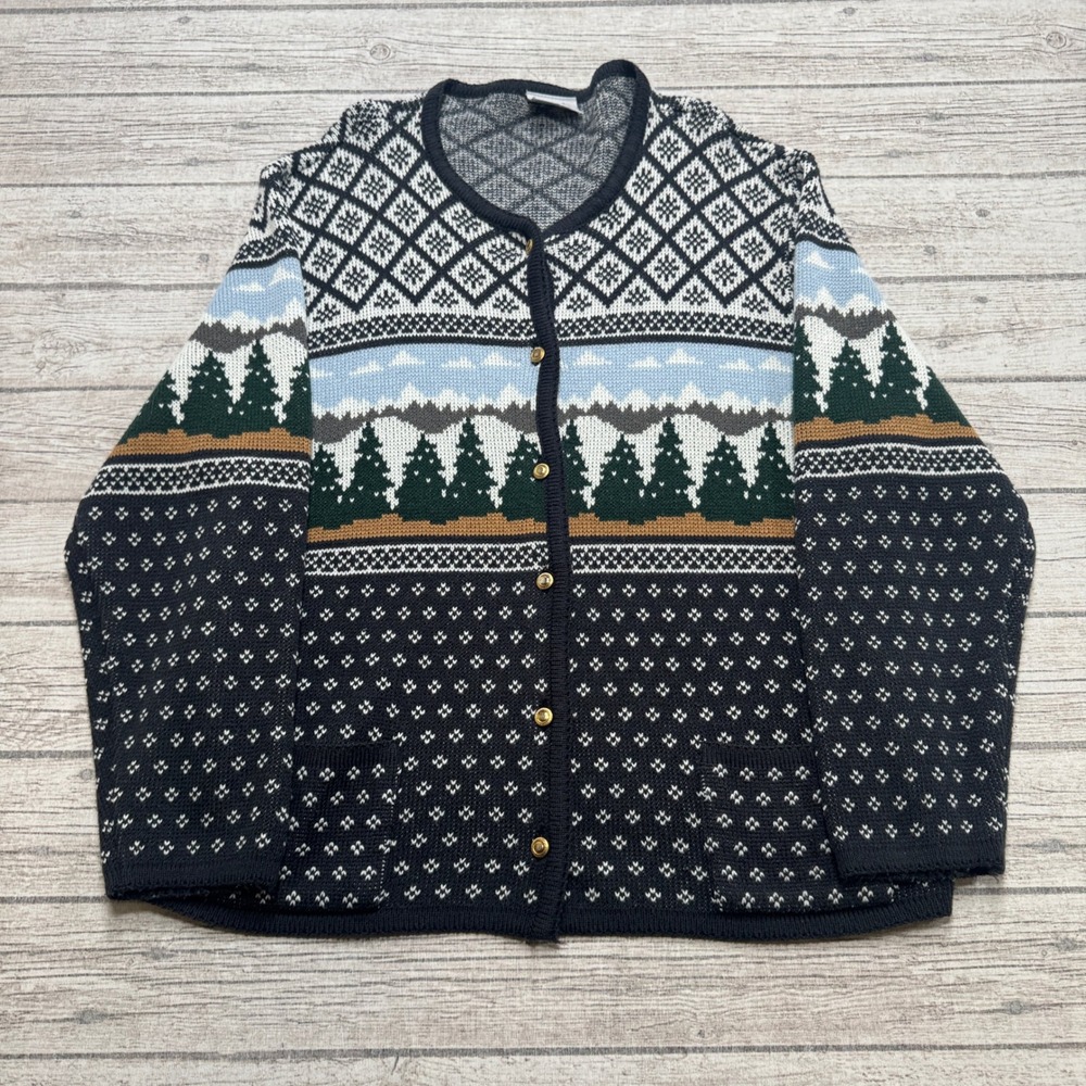 Vintage East West Fashions Sweater Women's XL Black Scenic Fair Isle Cardigan